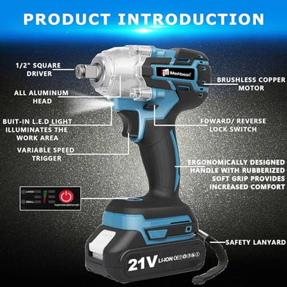 Cordless Impact Wrench 1/2 Inch,21V Brushless Impact Gun with 2 Pack 3.0Ah Battery and Fast Charger,Max 550N.m 3000RPM High Torque Repair And Installation Tools,Impact Wrench with 6 Size Sockets Set