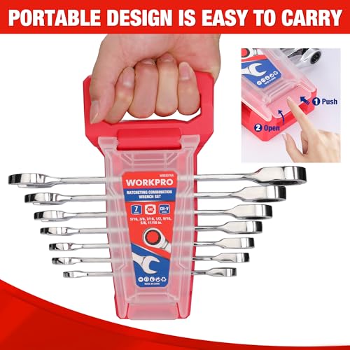 WORKPRO Ratcheting Wrench Set, SAE, 7-piece Ratcheting Combination Wrench Set, 5/16'', 3/8'', 7/16'', 1/2'', 9/16'', 5/8'', 18/16'', 12-Point, CR-V Steel, with Organizer Rack - size: 7-piece, style: SAE