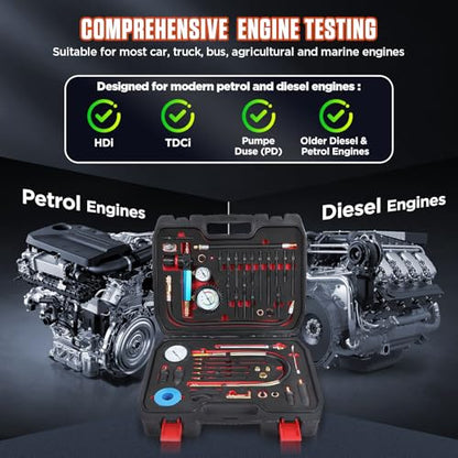 Compression Tester Automotive 46Pcs Petrol & Diesel Compression Tester Kit for HDI/TDCi/Pumpe Duse Engine Cylinder Leak Down Tester Kit with Compression Gauge,Dual-Meter Leak Detector, Adapters