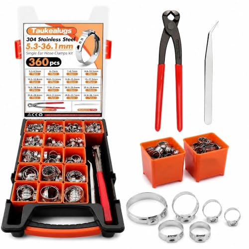 360Pcs Single Ear Hose Clamps Kit,Stepless 5.3-36.1mm 304 Stainless Steel Hose Repair Clamp Cinch Rings,Ear Clamp Pliers Tool with Portable Toolbox for Automotive Fuel Line Plumbing PEX DIY - size: 360PCS
