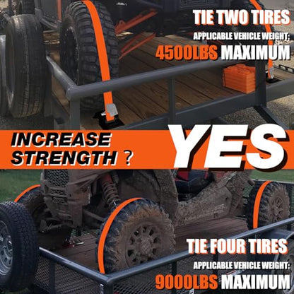Wheel Chock Tie Down Kit (4500lb Break Strength) Heavy Duty Trailer Tire Straps System for ATV, UTV, Lawn Mower & More - Ratchet Tie Downs Accessories with E Track for Four Wheeler | 2"x9' E-track Ratchet Straps,8 Pack Steel Wheel Blocks,Compatible with A