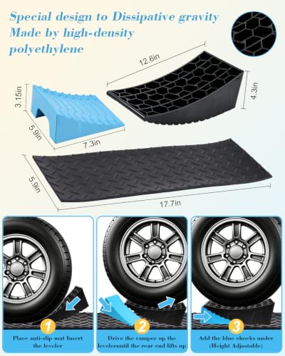 RV Leveling Blocks Kit, Heavy Duty Anti-Slip Mats & Carrying Bag, 2 Pack | Blue & Black. For travel trailer, motorhome, dual axle. HDPE, support 45000 lbs. Levels ½" - 4" in 5 min. - color: Blue & Black