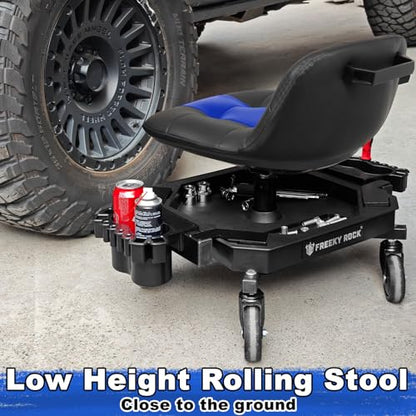 Rolling Stool with Wheels, Adjustable Height Pneumatic Garage Work Mechanic Stool Seat with Backrest, 400 LBS Capacity 360° Swivel Mechanic Crepper Chair with Tool Tray Storage, Blue - color: Carbon Fiber Blue