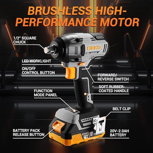 DEKOPRO Cordless Impact Wrench 258ft-lbs/350N.m Brushless Impact Wrench, 1/2" Impact Gun with 2x2.0Ah Battery, 4 Sockets, LED Light for Car Home