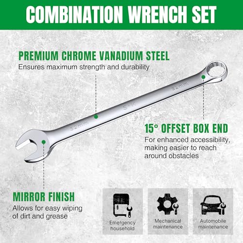 SK Long Pattern Combination Wrench Set, Metric 25 to 32mm, 6-Piece, SuperKrome Finish, Premium CR-V Construction, with Rolling Pouch