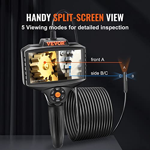 VEVOR Triple Lens Inspection Camera with Light, 5" IPS Screen Industrial Borescope, 8X Zoom 1080P HD Split Screen, 10 LED Lights Scope Camera for Automotive, Plumbing(16.5FT) - size: 5" IPS Screen-16.5FT