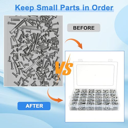 Screw Organizer Box, Organizing and Sorting Small Parts and Tools, 36 Grids Storage Container with Adjustable Dividers for Hardware, Screws, Nuts and Bolts, Beads and Fishing Accessories, Transparent