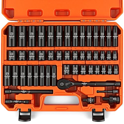 HORUSDY 50-Piece 3/8" Drive Impact Socket Set, Standard SAE (5/16 to 3/4 inch) and Metric (8-22mm) Size, 6 Point, Cr-V, 3/8-Inch Drive Ratchet Wrench, Drive Extension Bar, Impact Universal Joint - style: 50PC 3/8" Master Kit