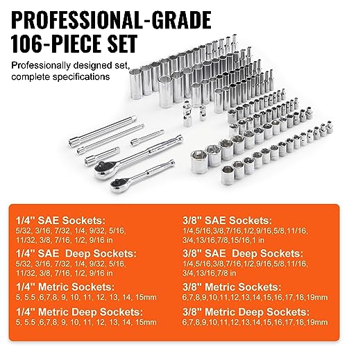 VEVOR Socket Set, 1/4" and 3/8" Drive Socket and Ratchet Set, 6-Point Socket Opening, 106 Pcs Tool Set SAE and Metric, Deep and Standard Sockets, 5/32-1 in, 5-19 mm, with Accessories, Storage Case - size: 1/4"&3/8", style: 106 PCS