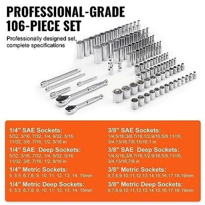 VEVOR Socket Set, 1/4" and 3/8" Drive Socket and Ratchet Set, 6-Point Socket Opening, 106 Pcs Tool Set SAE and Metric, Deep and Standard Sockets, 5/32-1 in, 5-19 mm, with Accessories, Storage Case - size: 1/4"&3/8", style: 106 PCS