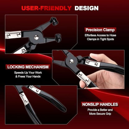 9PCS Hose Clamp Pliers Set, Long Reach Flexible Wire Hose Clamp Remover Tool for Automotive Coolant Radiator Heater & Water Hoses with Swivel Jaw and Flat Band Clamps