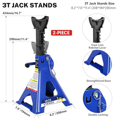 Set of 5 Floor Jack and Jack Stands, 2 Ton(4400lb) Low Profile Floor Jack,2 Piece 3T Jack Stand &12 Piece Tire Repair Kit Heavy Duty Steel Racing Floor Jacks with Single Piston Quick Lift Pump - color: Lift 3.3"-15.2" 2 Ton(4,400lb) Blue Steel Set of 5