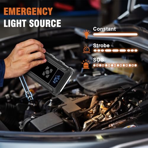 Jump Starter with Air Compressor, 3000A Car Battery Jump Box for 8.5 Gas/6.5L Diesel Vehicles, 150PSI Tire Inflator Auto-Shutoff, 10 Safety Modes, 3-Mode Emergency Light