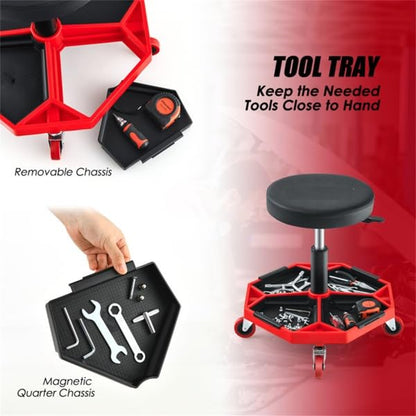 Heavy Duty Rolling Mechanic Stool, Adjustable Height Garage Shop Seat with Tool Tray Storage, 360° Swivel Caster Workshop Stool for Auto Repair, Professional Technician Rolling Work Seat