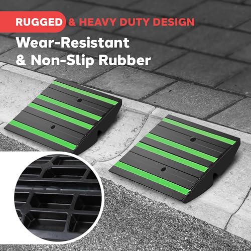 Pyle 1 Ft. Rubber Threshold Curb Ramp - Heavy Duty Non-Slip Rubber, Easy Mounting with Expansion Screws, Green Reflective Strips - Ideal for Driveways, Sidewalks, and Vehicle Ramps - 12.0"x16.0"x 2.6" - color: Green, size: Pack of 2