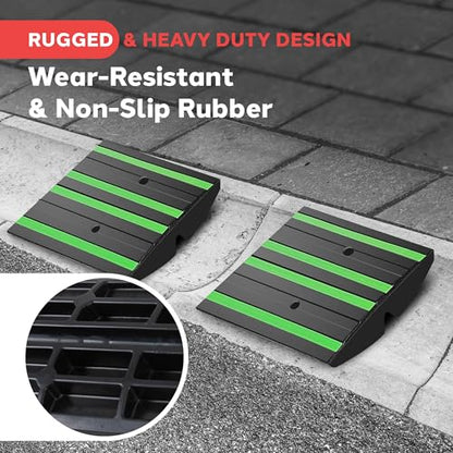 Pyle 1 Ft. Rubber Threshold Curb Ramp - Heavy Duty Non-Slip Rubber, Easy Mounting with Expansion Screws, Green Reflective Strips - Ideal for Driveways, Sidewalks, and Vehicle Ramps - 12.0"x16.0"x 2.6" - color: Green, size: Pack of 2