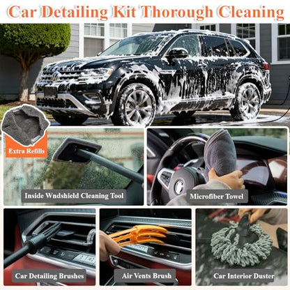21Pcs Car Wash Kit with 60" Heavy-Duty Extension Pole, Soft Car Wash Brush, Wheel & Tire Brush, Scratch-Free Car Mop Mitt & Window Squeegee, Detailing Tool for Car Exterior & Interior Cleaning - style: Interior & Exterior