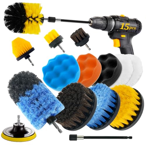 15 Pcs Drill Brush Attachments Set Fluffy Soft and Hard Bristles Horsehair Brush Cleaning Kit Scrub Sponge Polishing Pads for Home Bathroom Car Kitchen Corners Sink Stubborn Stains Tiles - color: 15 Pcs
