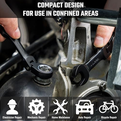 DURATECH Stubby Flex-head Ratcheting Combination Wrench Set, 8-piece, Metric, 9 to 17mm, CR-V Steel, Black Electrophoretic Coating, with Rolling Pouch - size: Metric