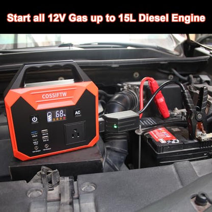 Heavy Duty 12000A Jump Starter for Trucks, Motorhomes All Gasoline and up to 15L Diesel Engines；200W Power Station Built-in AC Inverter for Fan, Laptop, Mobile Phone, Led Lighting for Party,Camping