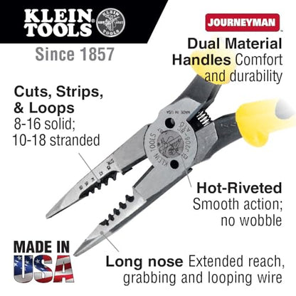 Klein Tools J206-8C Long Nose All-Purpose Spring Loaded Pliers, Made in USA, Forged Steel with Dual Material Journeyman Handles - style: Spring Loaded
