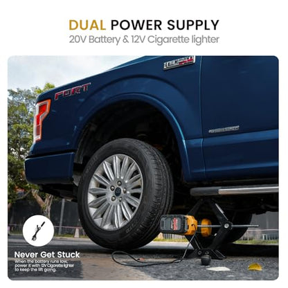 Dual Power Electric Car Jack Compatible with Dewalt 20V MAX Battery | w/ 4.0Ah Battery & 12V DC Backup, 1 Ton, 5.5-15.7in Lifting Range, Heavy Duty Steel Cordless Jack for Emergency Tire Change