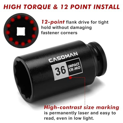 CASOMAN 1/2-Inch Drive Deep Spindle Axle Nut Impact Socket Set,12 Point Metric, CR-MO, 30,32,34,36mm, 4-Piece 1/2" Heavy Duty Impact Socket Set - size: 4pcs