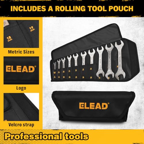 ELEAD 19-Piece Super-Thin Open End Wrench Set, Metric 5.5–27 mm & SAE 1/4"-1-1/16", CR-V Nickel Plated, 3 mm Thickness Ultra-Slim Wrench Set for Tight Spaces, Durable Roll-Up Pouch for Mechanics - color: 19-piece Super-thin Metric&sae Black