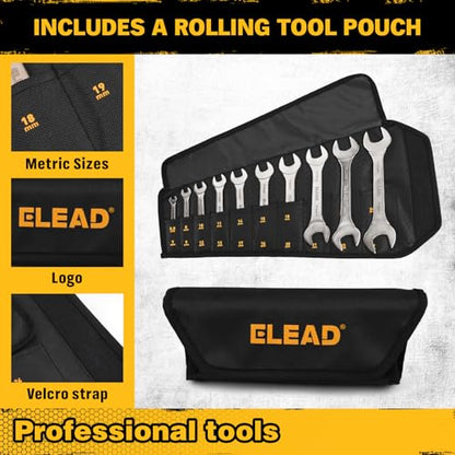 ELEAD 19-Piece Super-Thin Open End Wrench Set, Metric 5.5–27 mm & SAE 1/4"-1-1/16", CR-V Nickel Plated, 3 mm Thickness Ultra-Slim Wrench Set for Tight Spaces, Durable Roll-Up Pouch for Mechanics - color: 19-piece Super-thin Metric&sae Black
