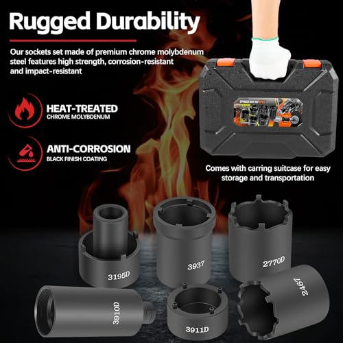 Sunluway 6 Pcs Spindle Nut Socket Set 41660D 4WD Axle Hub Lock Nut Socket Spindle Remover 1/2” Drive for Ford F250 F350 Dana 44/50/60, Toyota, GM Chevy, and Dodge, Lug Out Spindle Nut Socket Set