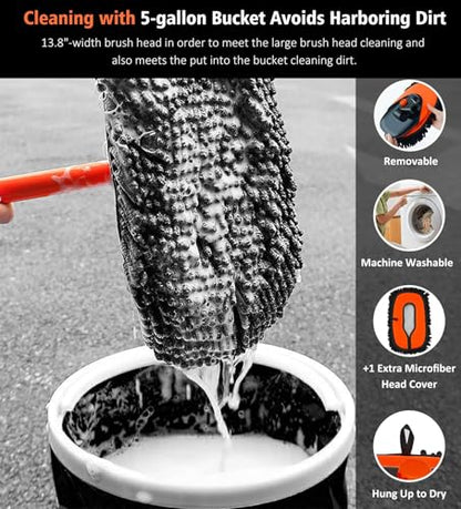 YeewayVeh 55" Car Wash Brush Mop, Extendable Long Handle, Orange | 15° Curved Extension Pole, Extra Microfiber Mop Head, Scratch-Free Auto Cleaning Kit for Truck, SUV & RV - color: Orange