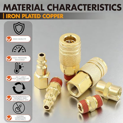 54PCS 1/4 Inch NPT Industrial Air Hose Fittings,Copper-Plated Pneumatic Quick Connect Coupler Kit with 360° Swivel,Adapters,Thread Tape & Tube Cutter | for Air Compressor & Automotive Repair