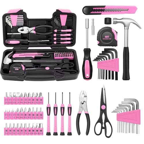 58-Piece Household Tool Set for Women with Plastic Toolbox Pink | All Purpose General Hand Tool Kit, Plastic Storage Case, for Women Girls Ladies, College Students, Home Repair & DIY project - color: Pink, size: 58-Piece