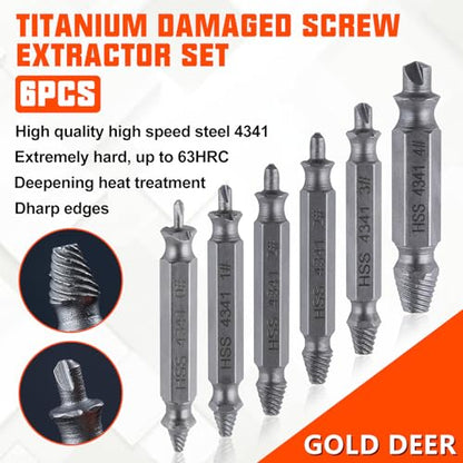 6Pcs Titanium Damaged Screw Extractor Set Damaged Screw Extractor Set Remover Kit for Stripped Screws Nuts & Bolts Bolt Etractor Kit for Easy Removal of Rusty Broken