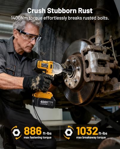 1/2" Cordless Impact Wrench, 1400N·m(1032ft・lbs) Brushless High Torque Impact Gun, Electric Impact Driver, 2x4.0Ah Batteries, LED Light, Charger, 6 Sockets, 3 Variable Speeds for Car/ Pickup/Mower - style: 2x4.0Ah Battery