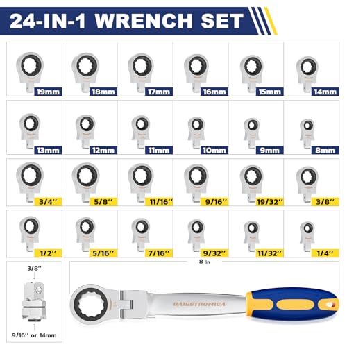 haisstronica 24 in 1 Interchangeable Heads Ratchet Wrench Set with 3/8 in Adapter, Metric & SAE 8-19mm and 1/4-3/4 inch Flex Head Combination Wrench Sets for Auto, Mechanic Tools for Men Gifts - size: Metric&SAE-24 in 1
