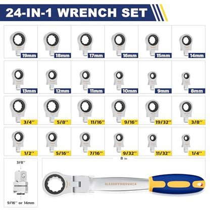 haisstronica 24 in 1 Interchangeable Heads Ratchet Wrench Set with 3/8 in Adapter, Metric & SAE 8-19mm and 1/4-3/4 inch Flex Head Combination Wrench Sets for Auto, Mechanic Tools for Men Gifts - size: Metric&SAE-24 in 1