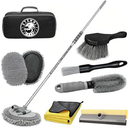 12Pcs Car Wash Kit, 62'' Car Wash Brush with Long Handle Microfiber Carwash Brush Mop Mitt Kit Car Car Washing Supplies Cleaning Kit for Cars RV SUV Truck Boat - color: Gray