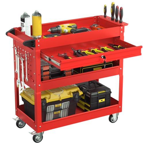 3 Tier Heavy Duty Rolling Tool Cart with Drawers, Large Storage Utility Cart on Wheels for Garage, Warehouse, Repair Shop (Red) - color: Red