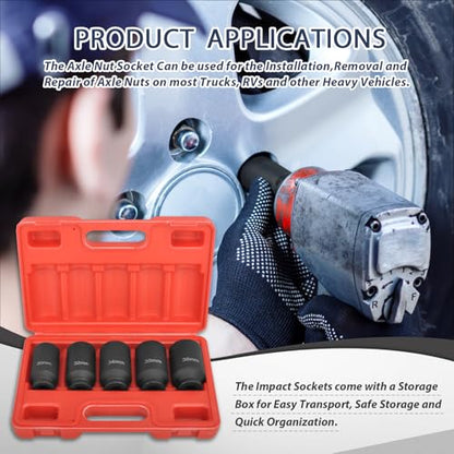 1/2" Drive 12-Point Cr-Mo Deep Axle Nut Impact Socket Set, 5PC | Heavy-Duty Cr-Mo Steel, Fits 30-36mm (5PC), 12-Point Anti-Round-Off Design, Clear Laser Markings, Carrying Case Included - color: 5pcs
