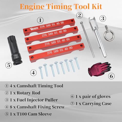 Engine Timing Tool Kit, Compatible with Mercedes Benz M157/M276/ M278, Camshaft Timing Tool with T100, Fuel Injector Puller, Rotary Rod, Fixing Screw, with Case and Gloves - size: for M157 M276 M278