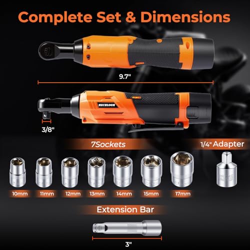 3/8" Cordless Ratchet Wrench, Compact 12V Kit, Orange1 | Electric socket wrench for light to medium DIY and garage jobs with LED light, safety lock, 2 batteries, 7 sockets and case