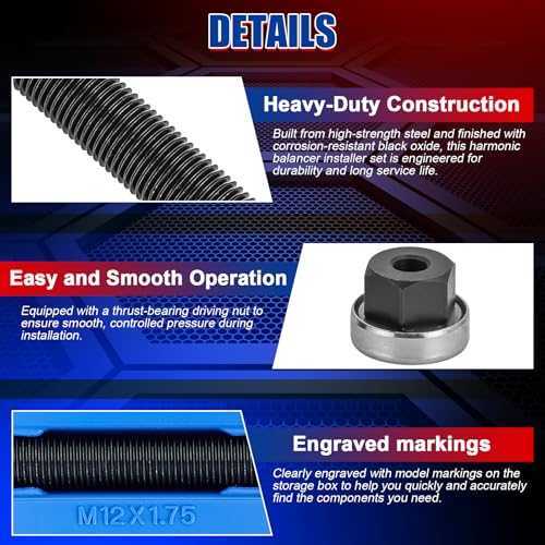 NYXOVA 5PCS Harmonic Balancer Installer Set, Long Reach Crank Pulley, Underdrive Pulley Damper Installation Tool Kit with 4 Adapters & Nut Bearing, Compatible with Ford GM Dodge V8/V6 Engines