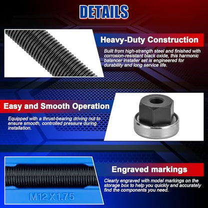 NYXOVA 5PCS Harmonic Balancer Installer Set, Long Reach Crank Pulley, Underdrive Pulley Damper Installation Tool Kit with 4 Adapters & Nut Bearing, Compatible with Ford GM Dodge V8/V6 Engines