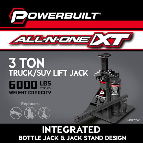 POWERBUILT 3 Ton All-in-One Hydraulic Bottle Jack and Jackstand in One, Compact, Wide Base, 11-21 Inch Range, Eliminates Jackstands, for Trucks, SUVs, RVs, Trailers, ASME, Not for Sedans - 640912 - color: gray