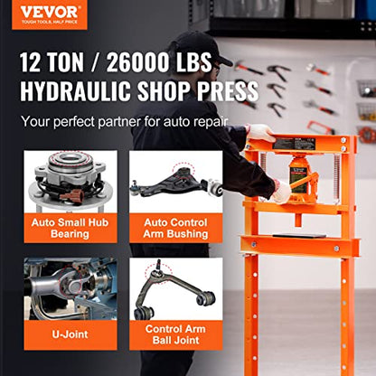 VEVOR Hydraulic Shop Press, 12 Ton/26000lbs, H-Frame, 4-Hold Adjustable Height, with Movable Plates, for Garage or Professional Users, Orange - size: 12T
