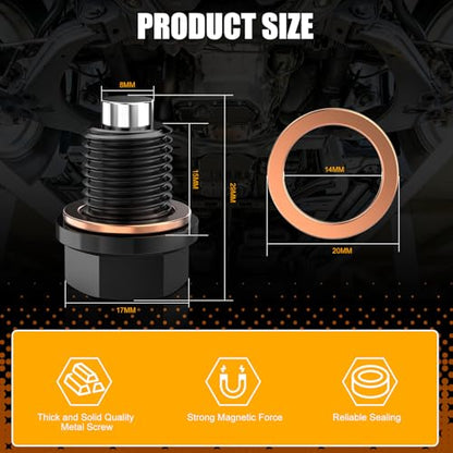 M14x1.5 Aluminum Magnetic Oil Drain Plug with 1 Pcs Copper Gasket Crush Washer Sump Drain Nut Bolt Oil Pan Bolt Anti Leakage Seal Replacement for Honda Acura Ford GM Mazda Hyundai Kia - size: M14x1.5