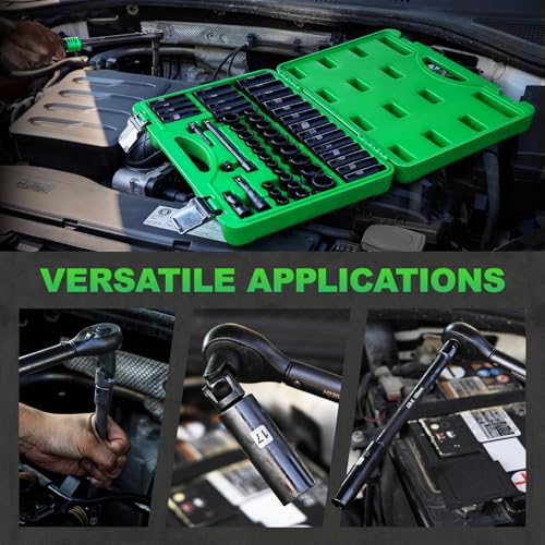 3/8" Drive Impact Socket Set, 50 Piece Standard SAE (5/16 to 3/4 inch) and Metric (8-22mm) 6 Point, Extension Bars, Impact Universal Joint, Adapter, Cr-V Steel