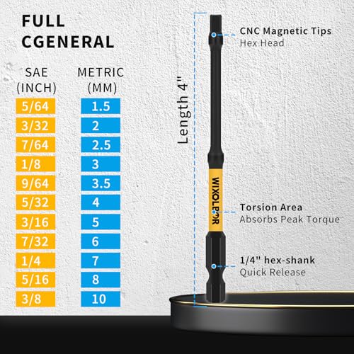 23PCS 4 Inch Long Reach Allen Bit Set, Magnetic Hex Bits | S2 Steel Hex Bits with Magnetic Tips, Metric/SAE, Storage Box for Deep Access, Furniture Assembly and Woodworking - size: 4inch