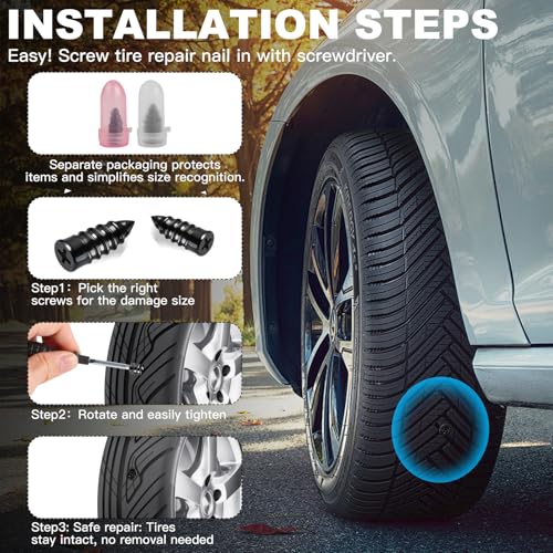 [2026 Upgraded] 30pcs Tire Repair Rubber Nail, Vacuum Tire Repair Screw Plug Kit, Self-Service Quick Tire Plug for Car, Motorcycle, Lawn Mower, ATV, Scooter- Professional No-Glue Emergency Flat Repair